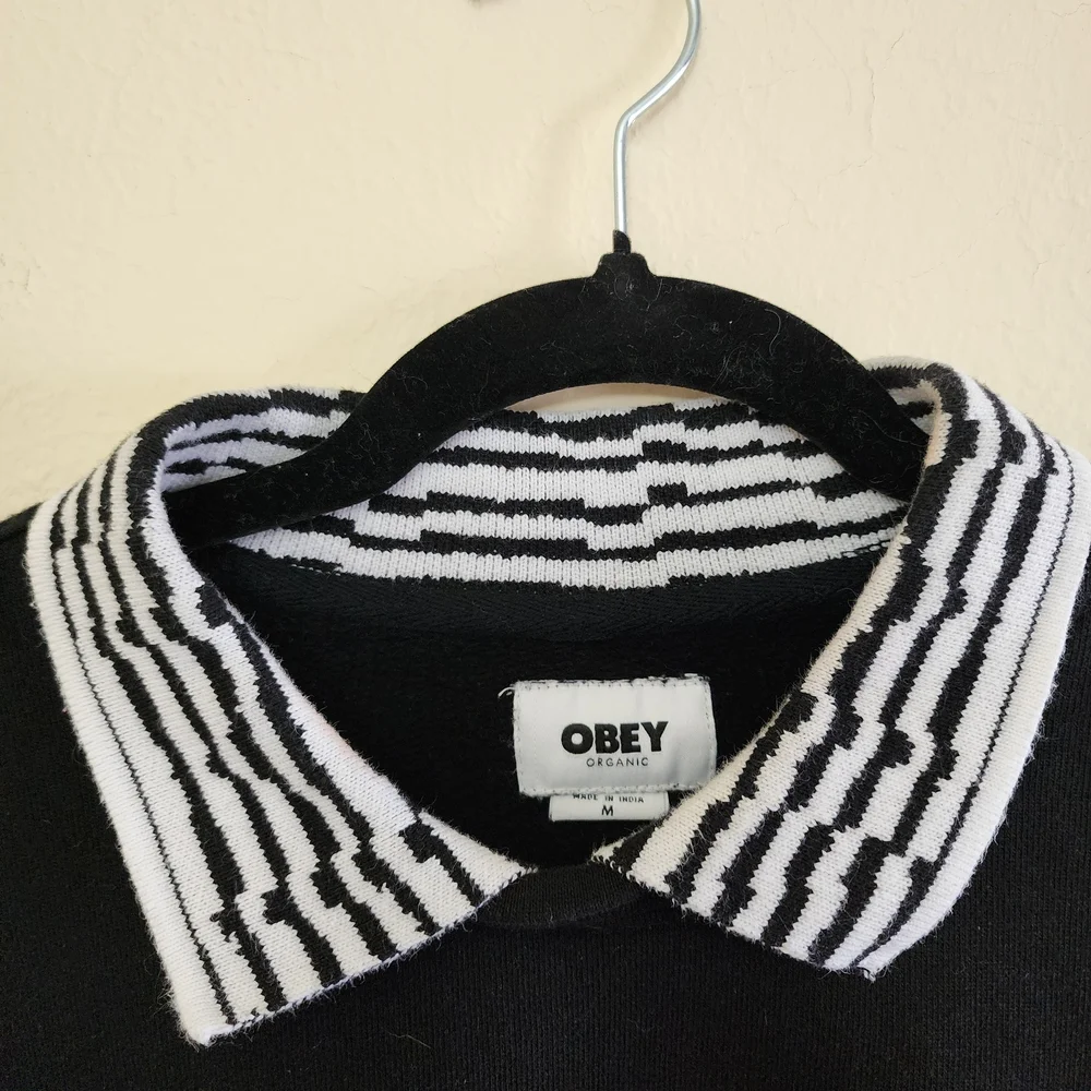 Obey Black Striped Collared Sweatshirt Embroidered Size M Grunge Goth - Picture 6 of 7
